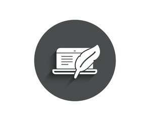 Copywriting notebook simple icon. Ð¡opyright feather sign. Media content symbol. Circle flat button with shadow. Vector