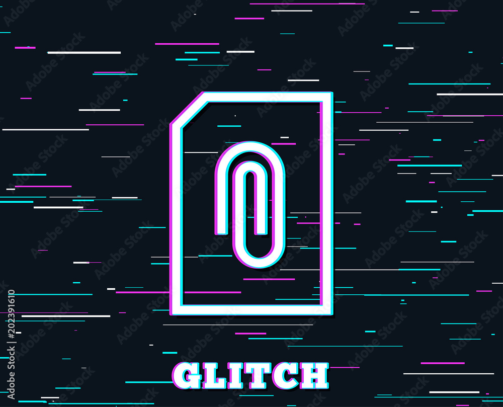 Poster glitch effect. attach document line icon. information file sign. paper page concept symbol. upload d