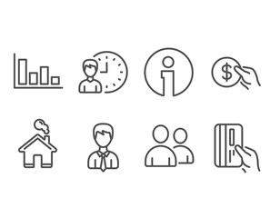 Set of Working hours, Histogram and Payment icons. Businessman, Users and Payment card signs. Project deadline, Economic trend, Usd coin. User data, Couple of people, Credit card. Vector