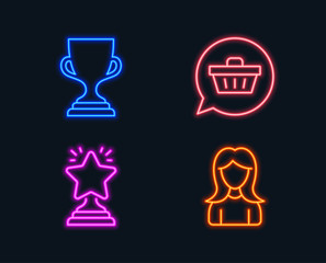 Neon lights. Set of Winner, Shopping cart and Award cup icons. Woman sign. Best star, Dreaming of gift, Trophy. Girl profile.  Glowing graphic designs. Vector