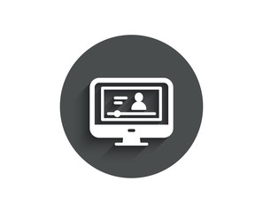 Online Video Education simple icon. Computer with Online lecture sign. Web player symbol. Circle flat button with shadow. Vector