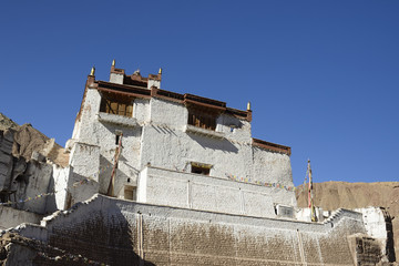 View on the beautifully located Buddhist monastery in the Basgo village.