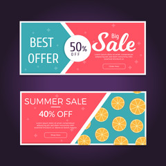 Sale and discounts set of banners. Sale banner template design. Summer season sale banner with oranges pattern. Vector illustration.
