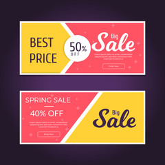 Big Sale Banner Card Horizontal Set Trendy Color Seasonal Discount. Vector illustration.