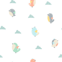 Seamless pattern with cute bird on white background. Ornament for textile and wrapping. Vector.