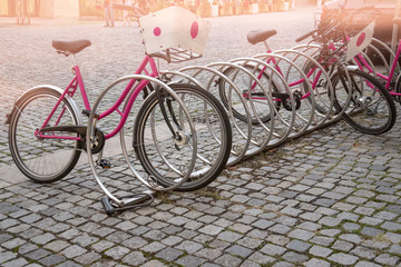 Fototapeta na wymiar Parking and Bicycle rental in European cities.