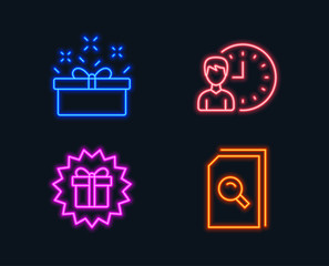 Neon lights. Set of Present box, Working hours and Surprise gift icons. Search files sign. Sale offer, Project deadline, Shopping offer. Magnifying glass.  Glowing graphic designs. Vector