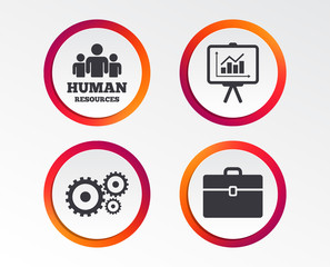 Human resources and Business icons. Presentation board with charts signs. Case and gear symbols. Infographic design buttons. Circle templates. Vector