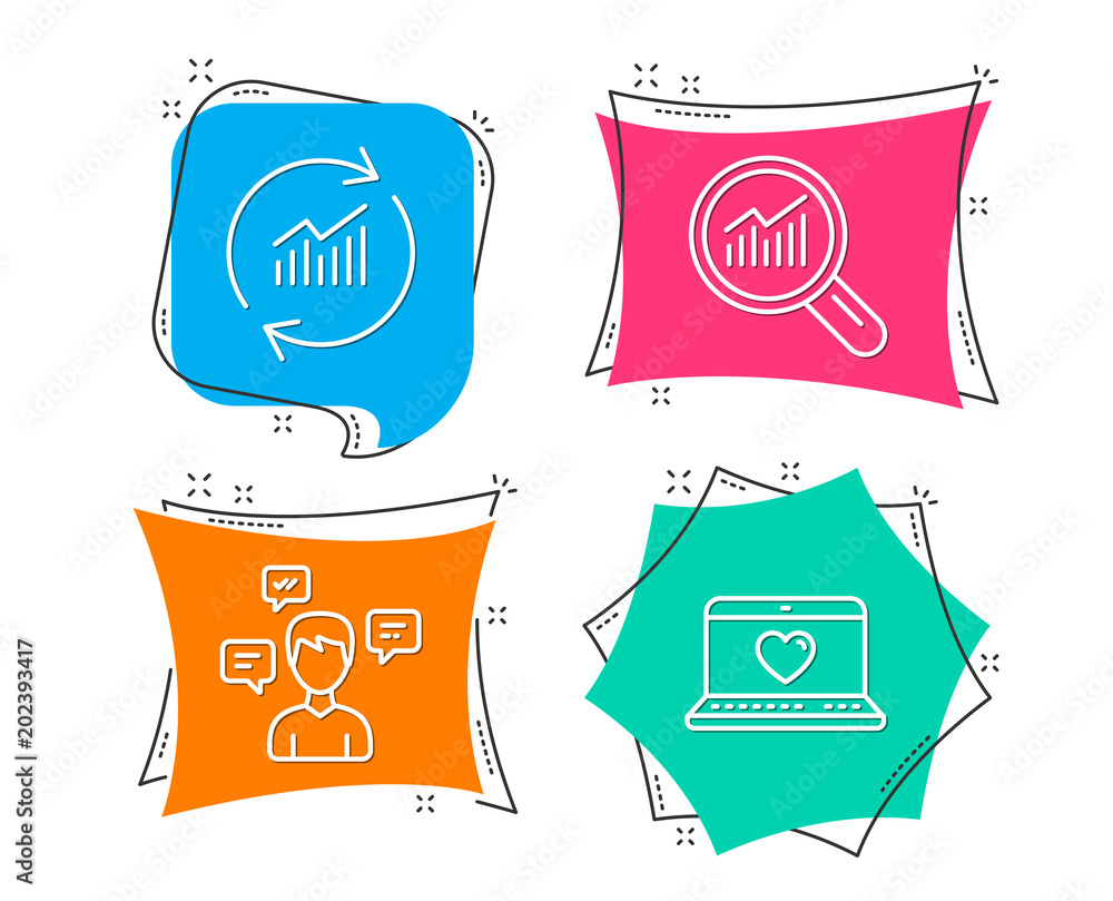 Poster set of conversation messages, data analysis and update data icons. web love sign. communication, mag