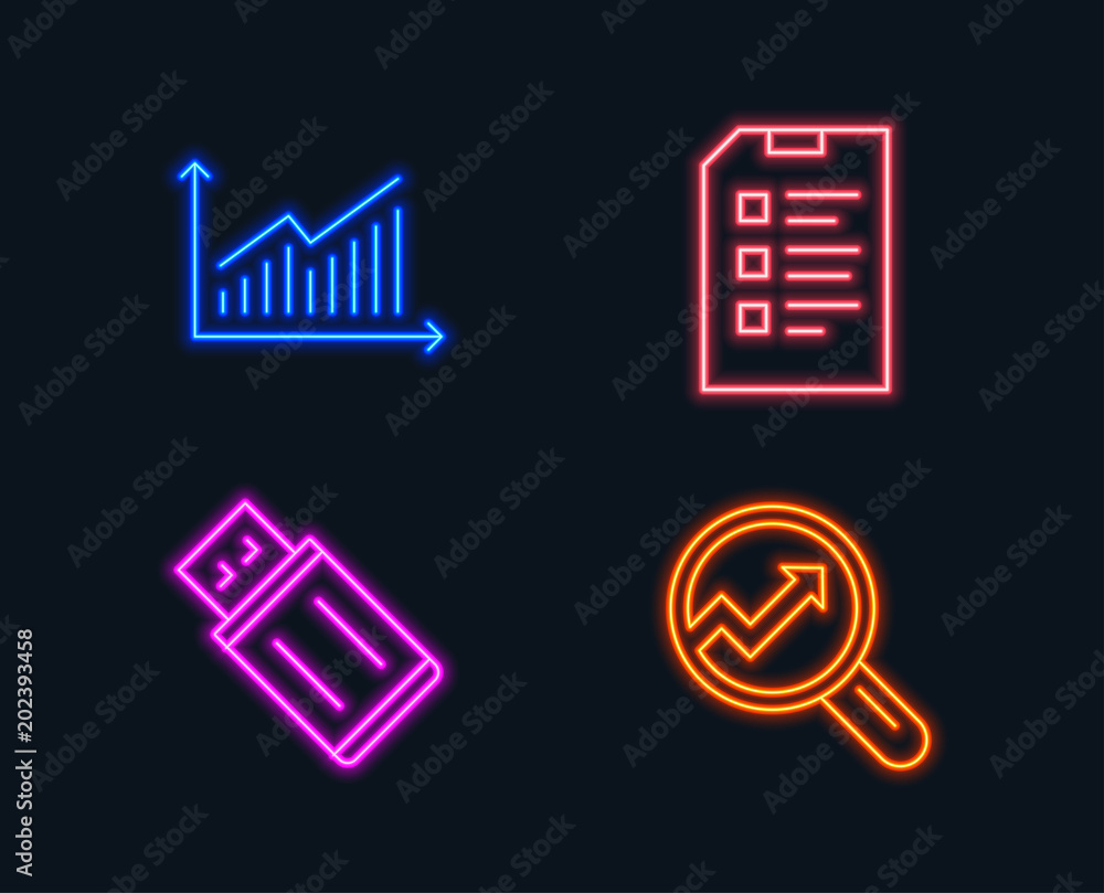 Aufkleber neon lights. set of graph, checklist and usb flash icons. analytics sign. presentation diagram, data
