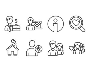 Obraz na płótnie Canvas Set of Search love, Businessman case and Success business icons. User idea, Couple and Woman love signs. Dating service, Human resources, Growth chart. Light bulb, Male and female, Romantic people
