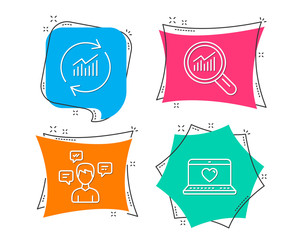 Set of Conversation messages, Data analysis and Update data icons. Web love sign. Communication, Magnifying glass, Sales statistics. Social network.  Flat geometric colored tags. Vivid banners