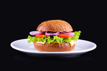 Fresh tasty burger isolated on black background. Tasty and appetizing cheeseburger on white plate. Vegetarian burger