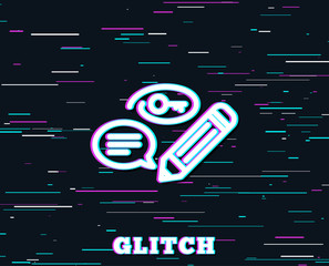 Glitch effect. Keywords line icon. Pencil with key symbol. Marketing strategy sign. Background with colored lines. Vector