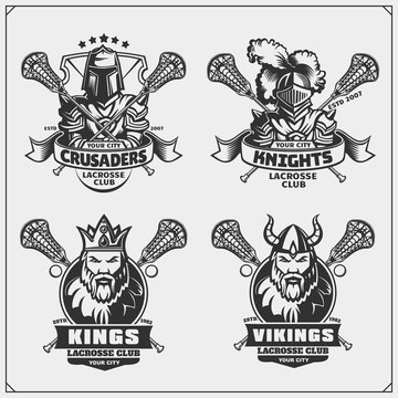 Lacrosse club emblems with viking, king, knight and crusader.