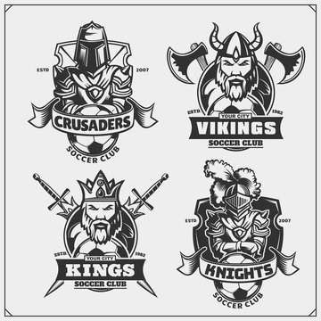 Soccer badges, labels and design elements. Sport club emblems with king, knight, crusader and viking.