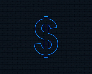 Neon light. Dollars sign icon. USD currency symbol. Money label. Glowing graphic design. Brick wall. Vector