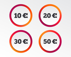 Money in Euro icons. 10, 20, 30 and 50 EUR symbols. Money signs Infographic design buttons. Circle templates. Vector