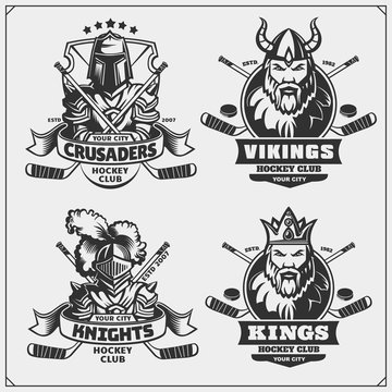 Hockey badges, labels and design elements. Sport club emblems with crusader, king, knight and viking.