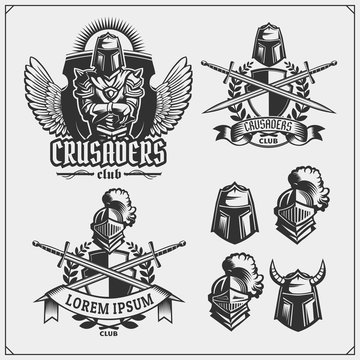 Vector set of medieval warrior knight emblems, logos, labels, badges emblems, signs and design elements.