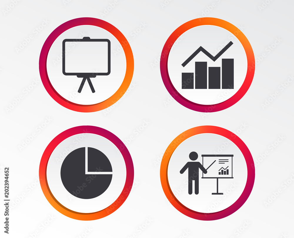 Poster diagram graph pie chart icon. presentation billboard symbol. man standing with pointer sign. infogra