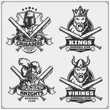 Baseball badges, labels and design elements. Sport club emblems with viking, king, knight and crusader.