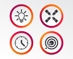 Lamp idea and clock time icons. Target aim sign. Darts board with arrow. Teamwork symbol. Infographic design buttons. Circle templates. Vector