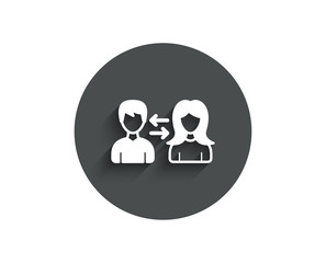 Teamwork simple icon. Users communication. Male and Female profiles sign. Person silhouette symbol. Circle flat button with shadow. Vector