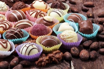 a lot of variety chocolate pralines, belgian confectionery gourmet chocolate.