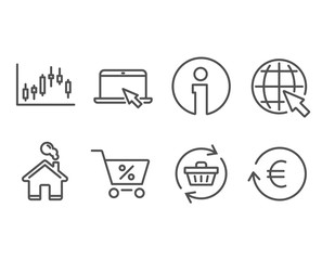 Set of Candlestick graph, Special offer and Refresh cart icons. Portable computer, Internet and Exchange currency signs. Finance chart, Discounts, Online shopping. Vector