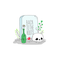 Doodle vector skull & tomb stone. Back to the roots lettering.
