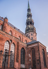 Side view of Church of St Peter located on the Old Town of Riga city