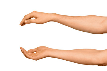 Male hands holding between them, isolated on white