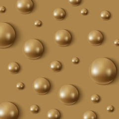 Realistic golden spheres in a gold background. Golden vector pearl pattern.