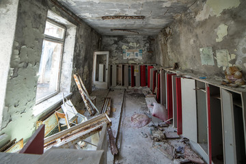 Fototapeta na wymiar Nursery school in abandoned Pripyat city in Chernobyl Exclusion Zone, Ukraine