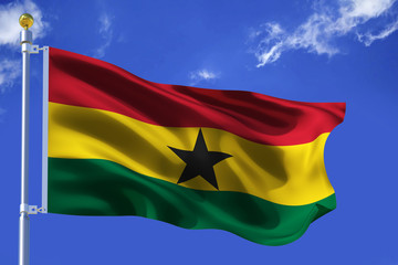 The silk waving flag of Ghana with a flagpole on a blue sky background with clouds .3D illustration.