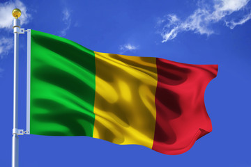 The silk waving flag of Mali with a flagpole on a blue sky background with clouds .3D illustration.