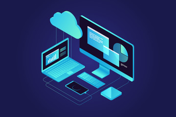 Concepts Cloud storage. Computer, laptop, smartphone on blue background. Synchronization and storage of data.3d isometric flat design. Vector illustration.