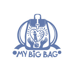My Big Bag. In heart backpack with a lighthouse, sea birds and twig. In your hands. Design flat template of bag and inscription can be used as a logo, print on a T-shirt, in haberdashery