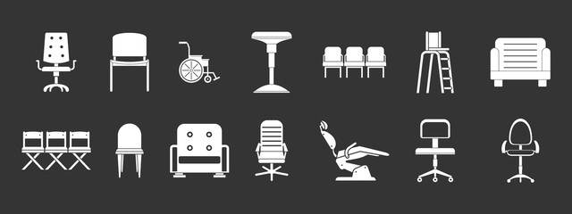Chair icon set vector white isolated on grey background 