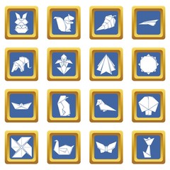 Origami icons set vector blue square isolated on white background 