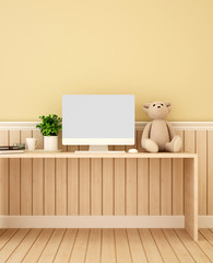 Study room and yellow wall decorate for artwork - Study area or workplace of  kid room in home or apartment - 3D Rendering