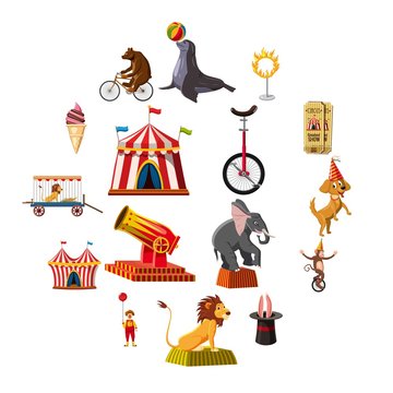 Circus symbols icons set. Cartoon illustration of 16 circus symbols vector icons for web