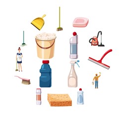Cleaning icons set detergents. Cartoon illustration of 16 cleaning vector icons for web