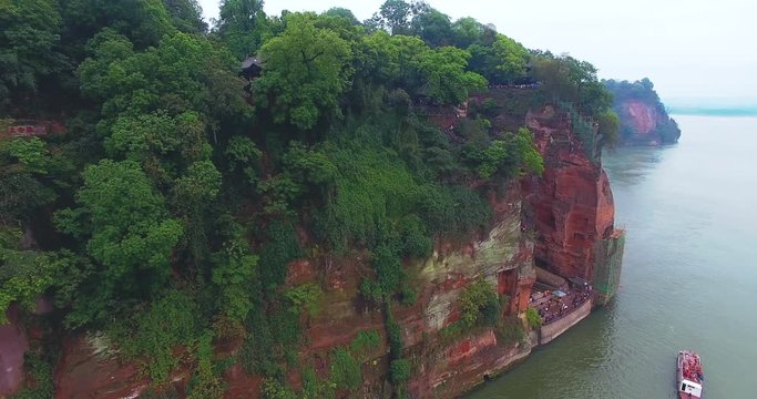 Giant Buddha, LeShan China, aerial drone view, 4k