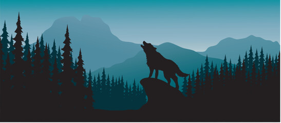 Silhouette wolf on hill in the night - obrazy, fototapety, plakaty