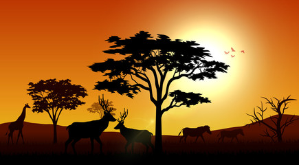 Fototapeta na wymiar Silhouette animals savannas in the afternoon