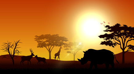 Naklejka na ściany i meble Silhouette animals savannas in the afternoon