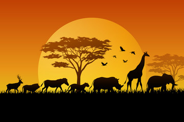 Fototapeta na wymiar Silhouette animals on savannas 