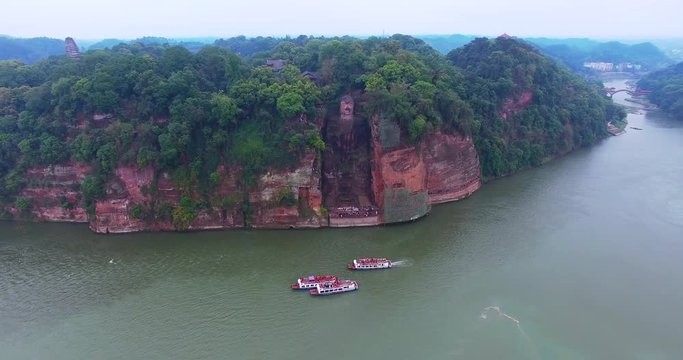 Giant Buddha, LeShan China, aerial drone view, 4k